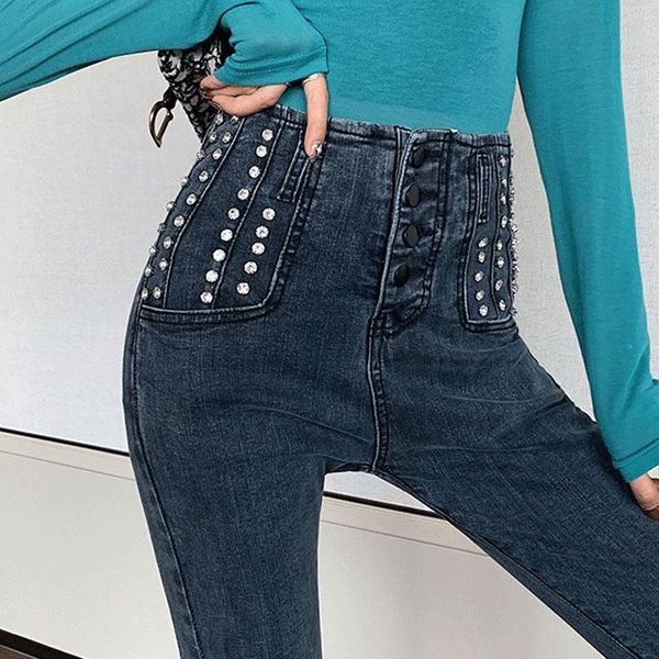 

women's jeans 2021 spring women pencil pants high waist womens skinny mom buttons blue elastic denim heavy rivet