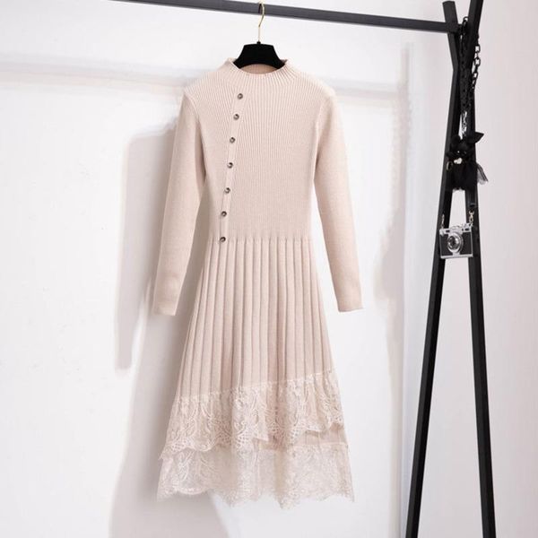 

casual dresses elegant women knitted sweater lace patchwork long sleeve vestidos female slim 2021 sweet autumn winter ladies robe femme, Black;gray
