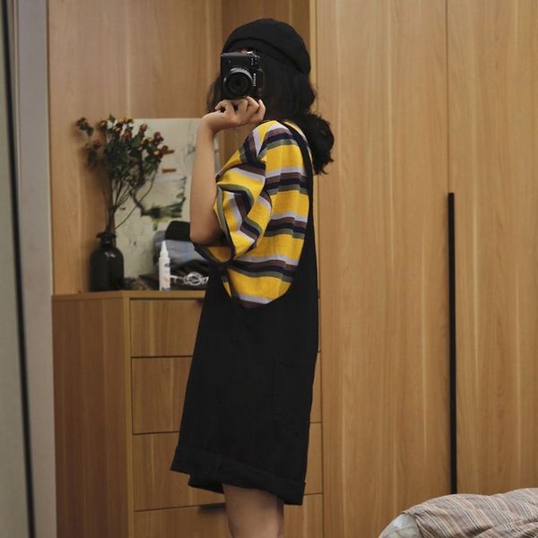 

2021rompers women bf style cute suspender chic wide-leg summer fashion preppy girls denim romper leisure harajuku womens playsuits, Black;white
