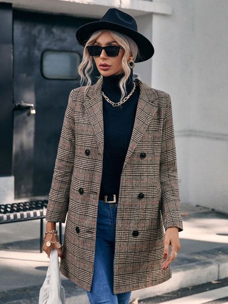 

plaid lapel collar double breasted overcoat y5em#, Black