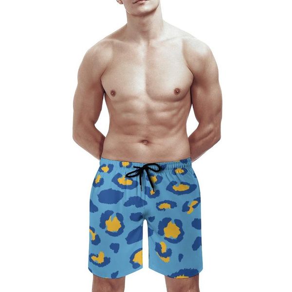

blue leopard print men's cool beach shorts summer swim trunks quick dry mesh lining board with pockets, White;black