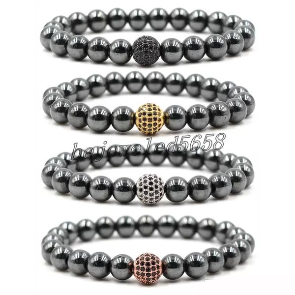 

8mm hematite strands bracelets beaded jewelry men's yoga buddha pave zircon cz beads chakra bracelet bangle for women, Black