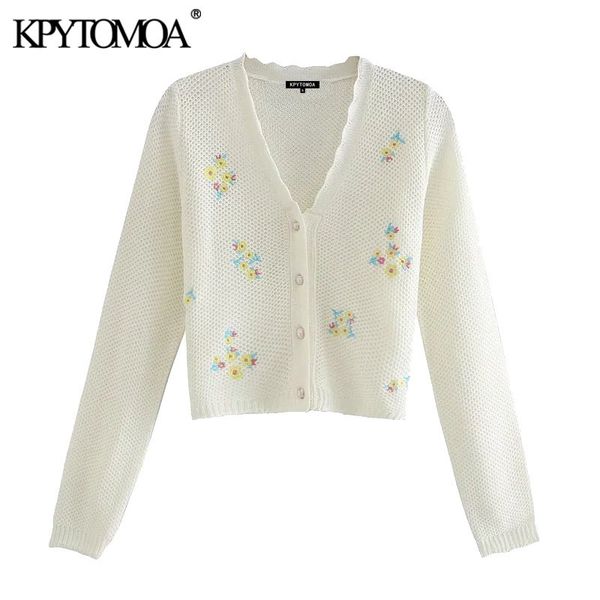 

women fashion floral embroidery cropped cardigan sweater vintage long sleeve button-up female outerwear chic 210416, White;black
