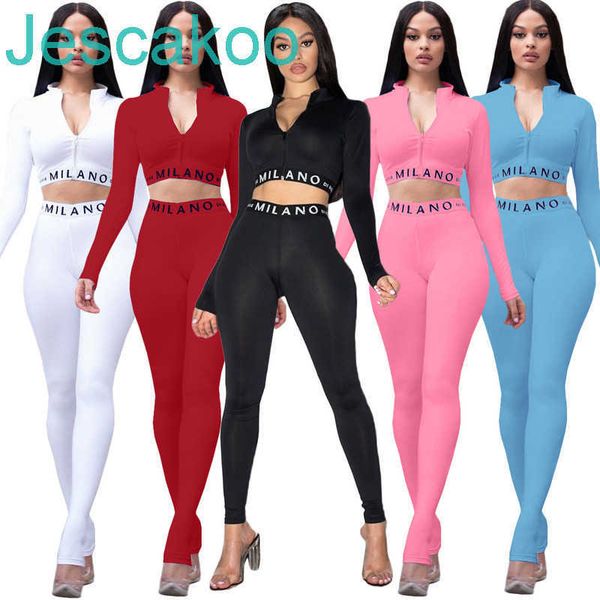 

2021 women 2 piece outfits designer fashion letter print long sleeve zip pencli pants set ladies casual suits new, White