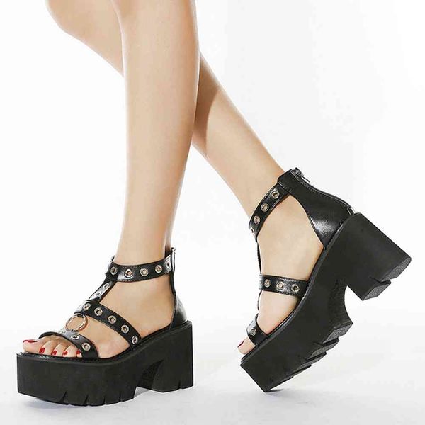 

sandals ladies zipper solid platform open toe shoes women casual concise punk gothic summer sandals, Black