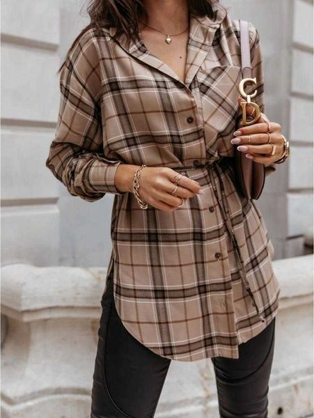 

women's t-shirt spring and autumn european american street fashion plaid mid-length long-sleeved shirt 83ia, White