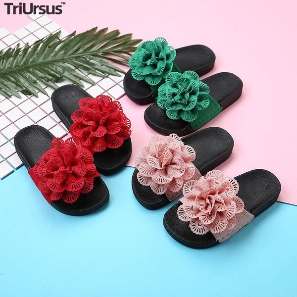 

slipper girls flip flops pu toddler girl flower princess slippers soft sole indoor for kids 2021 cute sliper shoes, Black;grey
