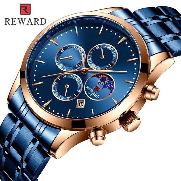 

wristwatches reward military chronograph watch men stainless steel quartz wristwatch male clock moon phase fashion waterproof sport watches, Slivery;brown