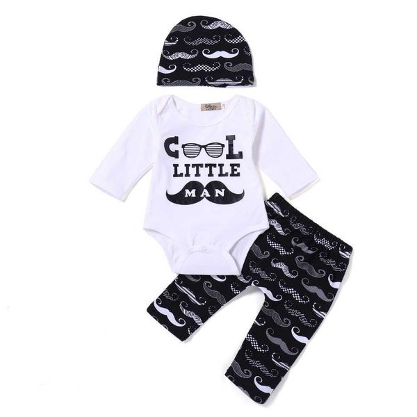 Cool litttle homem bebê roupas de bebê 2 pcs terno bebê romper + pequeno bigode calças + chapéu newbon bebê meninos roupas roupas set g1023