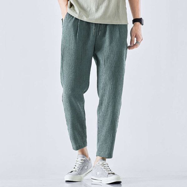 

men's pants linen water ripple summer casual solid color ultra thin wide straight sports capris qe9w, Black