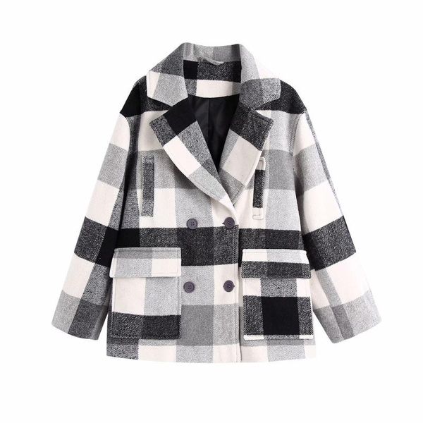 

women's wool & blends puwd casual woman plaid woolen coat fad ladies autumn double breasted jacket female oversized outerwear, Black