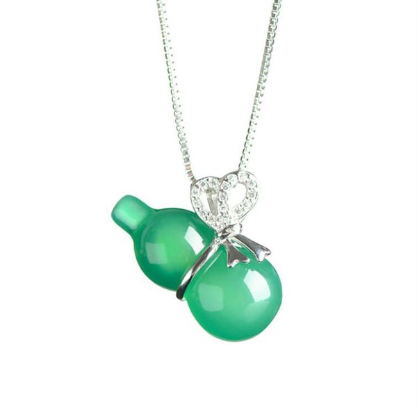 

natural green jade medullary pendants with 925 silver chain necklace gourd shape lucky blessing women jewelry, Black;brown
