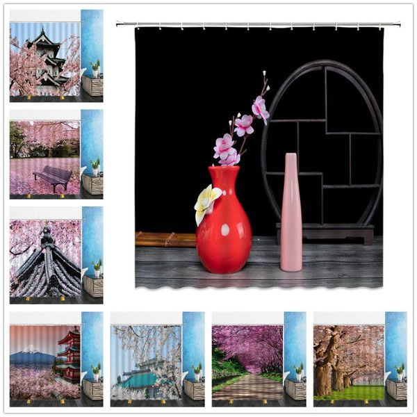 

shower curtains landscape pink cherry blossom tree chinese style building bathroom home decor waterproof polyester cloth curtain