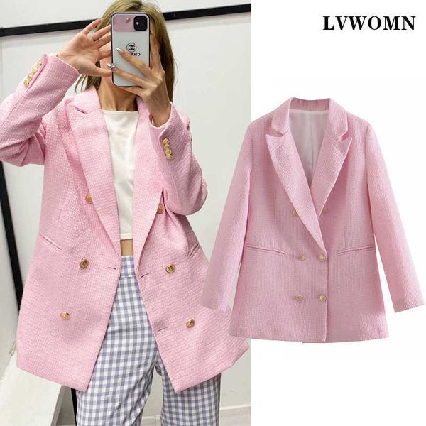 

lvwomn za women blazers coat fashion metal double breasted pink vintage long sleeve female outerwear chic 210930, White;black