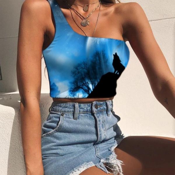 

women's tanks & camis kyku wolf tank women animal sleeveless shirt anime midriff t moon tees graphic blue one shoulder crop womens clo, White