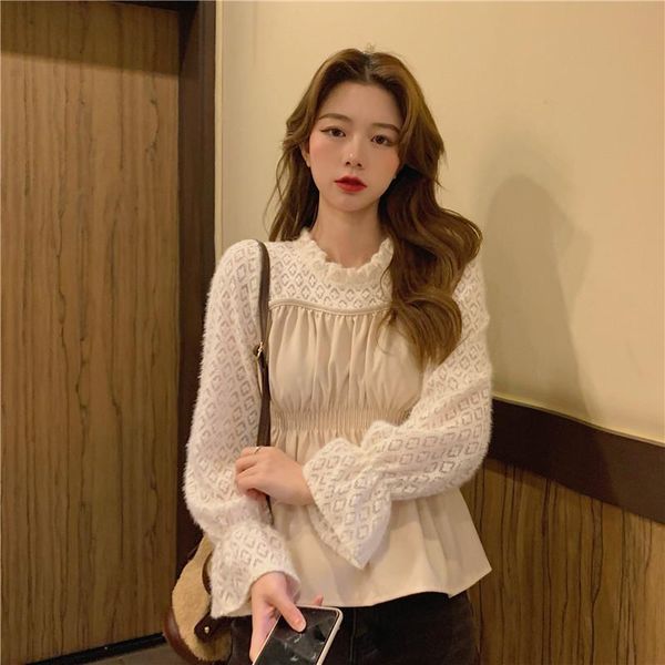 

women's blouses & shirts spring 2021 temperament lace up slim-fit shirt elegant sweet korean style outwear female outfit, White