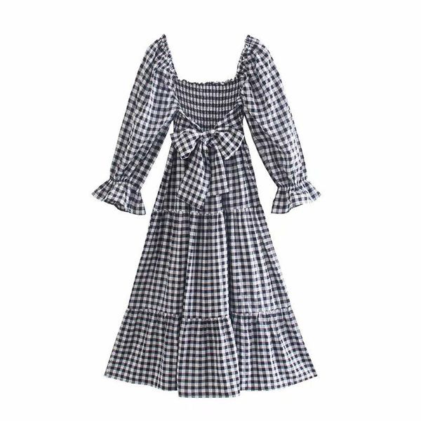 

casual dresses vintage white black plaid back big bowknot elastic bust long dress square collar puff sleeve for women female vestido, Black;gray