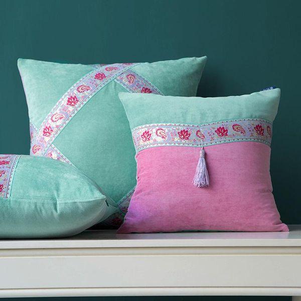 

40x40/50x50/60x60cm exotic style pink green patchwork cushion cover folk jacquard pillow case sofa waist cushion/decorative