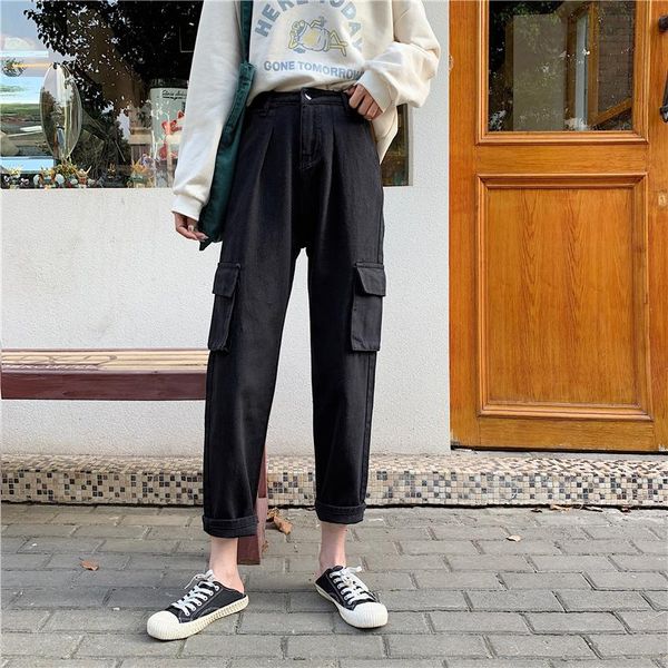 

women's jeans streetwear cargo pants women side big pockets baggy woman high waist ankle for straight boyfriend denim, Blue