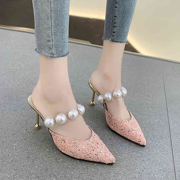 

sandals women pointed toe slides summer mules high heel slippers ladies rome shoes mujer hc9q, Black