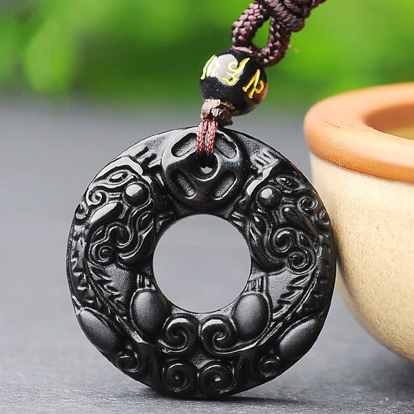 

natural black obsidian pixiu safety buckle jade pendant necklace hand-carved fashion charm jewelry amulet for men women gifts, Slivery;golden