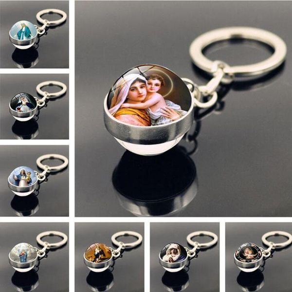 

keychains wg 1pc 21 design virgin mary time gem cabochon keychain pendant double-sided crystal glass ball key chain jewelry, Silver