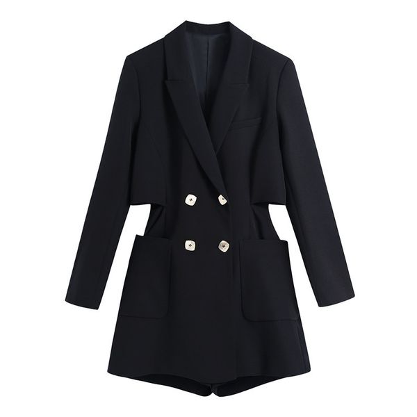 Solide elegante schwarze weibliche Arbeitsspielanzug Casual Anzug Kragen Streetwear Playsuit Büro Damen kurze Overalls 210430