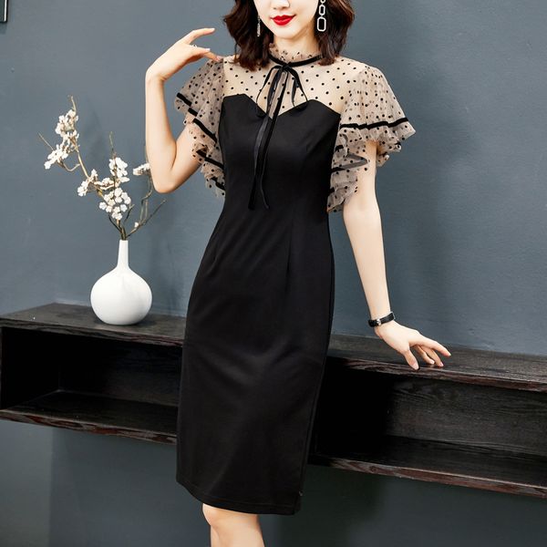 

black slim wave point thin medium length dress 8608, Black;gray