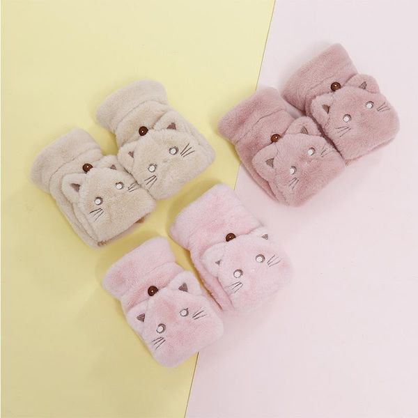 

five fingers gloves winter warm soft cute cat shape plush mittens women flip half finger driving thick, Blue;gray