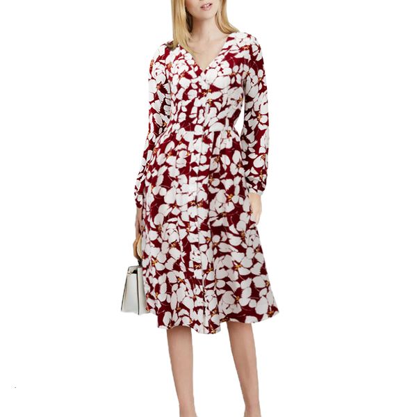 

deluxe women flower printing autumn v sweetcollar midi dress very pretty dresses m30379, Black;gray