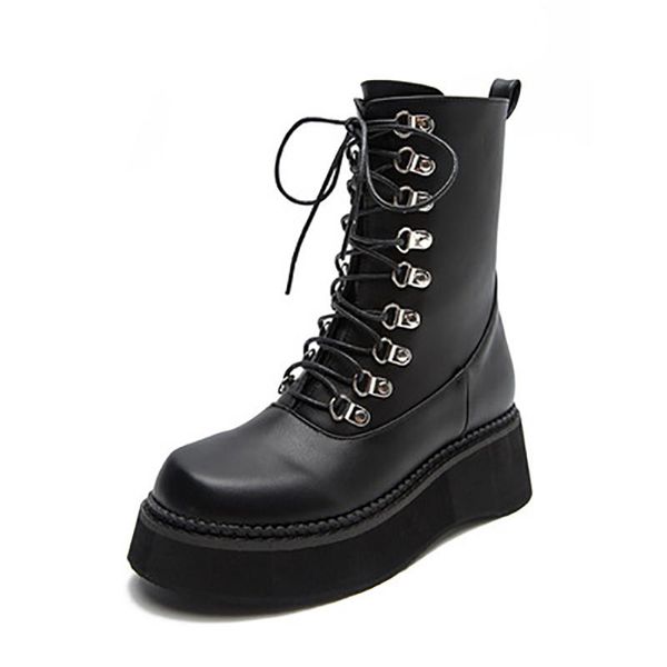 

boots 2021 autumn black women shoes ankle high casual vintage retro mid-calf lace up thick heels
