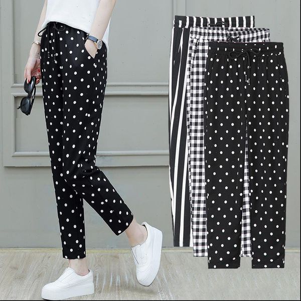 

womens pant dot pants women ankle length long trousers pockets drawstring elastic big size plaid fashion casual mom clothes, Black;white
