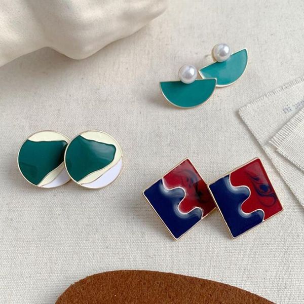 

stud timlee e181 temperament oil painting geometr square round imitation pearl alloy studs earrings,personality jewelry wholesale, Golden;silver