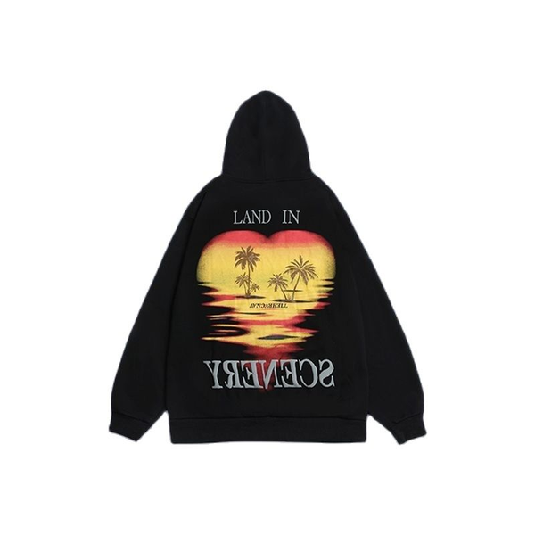

men's hoodies & sweatshirts 2021 winter sunset print black fleece cotton hoodie men hip hop pullover oversize hooded sweatshirt couple