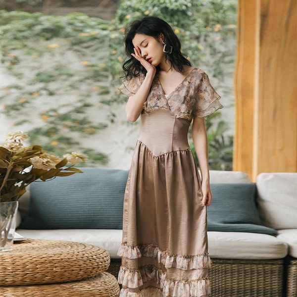 

casual dresses 2021 women vintage floral print dress summer v-neck beach sundress short sleeve long vestidos femme, Black;gray