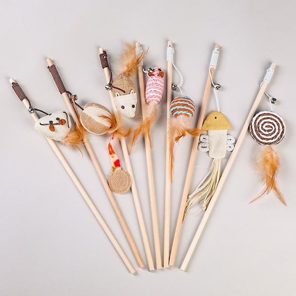 

cartoon pet cat teaser toys feather wood rod mouse toy with mini bell catcher wooden stick interactive