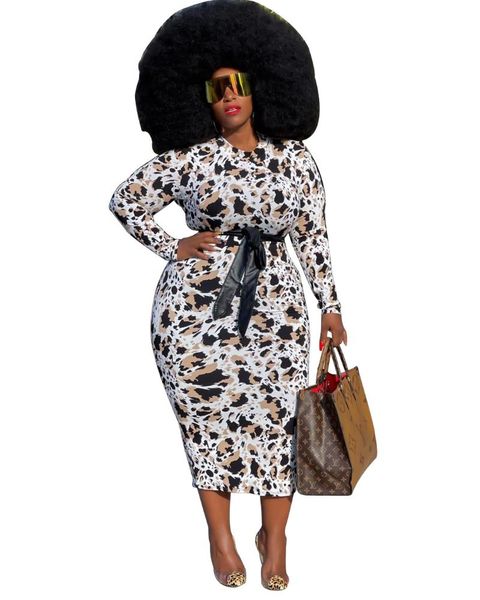 

plus size dresses vintage casual for women 2021 autumn with leopard print 4xl o-neck full sleeve bodycon pencil dress, Black