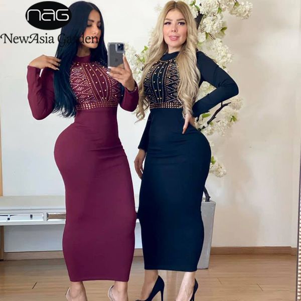 

newasia garden long dress women winter dress long sleeve o-neck ladies dresses woman party night rhinestone black vestidos 210413, Black;gray