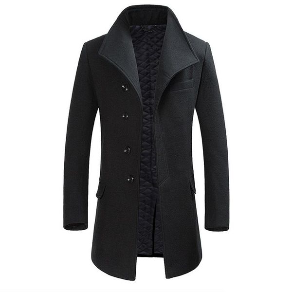 

men's wool & blends mens winter coat british style thick woolen men overcoat single breasted casual windbreaker jacket brand clothing, Black
