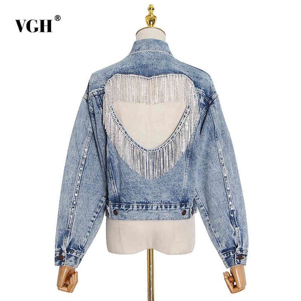 

vgh hollow out patchwork tassel jacket for women lapel long sleeve backless denim jackets female fashion new clothing fall 210421, Black;brown