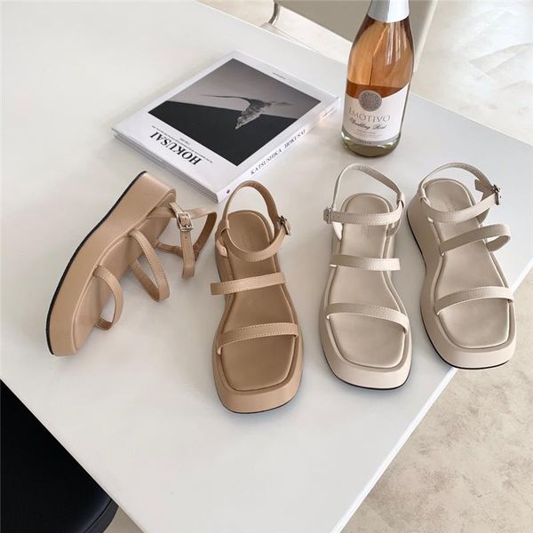 

sandals boussac narrow band chunky heel platform gladiator women buckle strap brand design summer wedges y2k shoes, Black