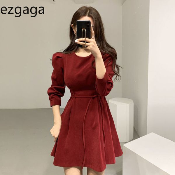 Ezgaga elegante lace up vestido mulheres outono inverno o-pescoço temperamento sólido escritório senhora vestido festa de festa coreano vestidos feminino 210430