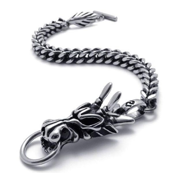 

link, chain classic stainless steel vintage dragon men silver color bracelet jewelry, Black
