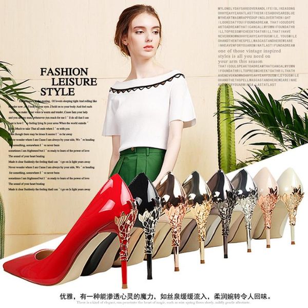 

dress shoes patent leather pumps women 10cm stiletto high heels 2021 fashion metal heel pointed party slip on sandals, Black
