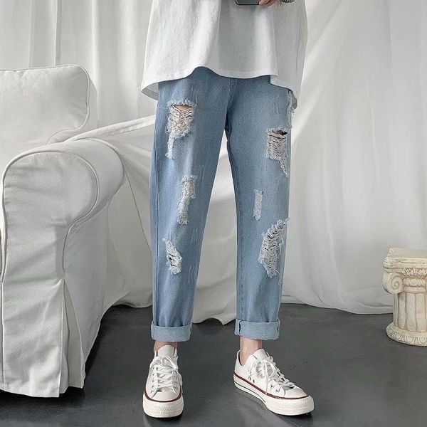 

men's jeans streetwear designer men hip hop stitching ripped denim pants teenager loose straight hole trousers, Blue