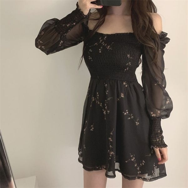 

autumn womens black dress vintage flower long puff sleeve chiffon dresses korean casual mini vestidos mujer clothes, Black;gray