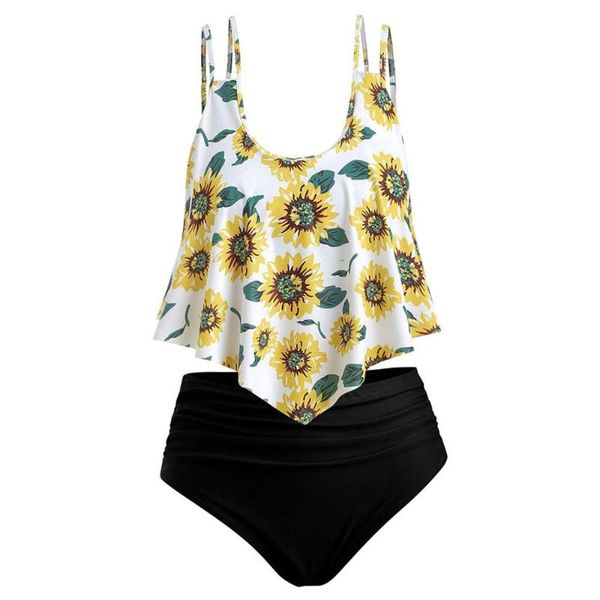 

one-piece suits ladies two pieces bathing ruffled with high waisted bottom bikini set women 2021 summer printed tankini switmsuit