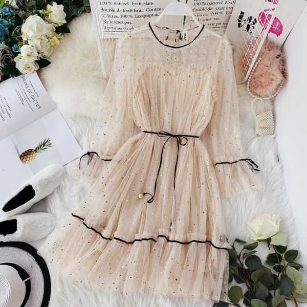 

hisuma autumn new women's chic star sequins gauze lace-up bling fairy dress female elegant o-neck mesh a-line dresses 200928, Black;gray