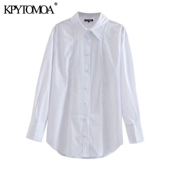 

women fashion with pintucks oversized blouses vintage long sleeve button-up female shirts blusas chic 210421, White