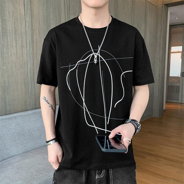

men's t-shirts logo t-shirt casual loose round neck geometric line half sleeve, White;black